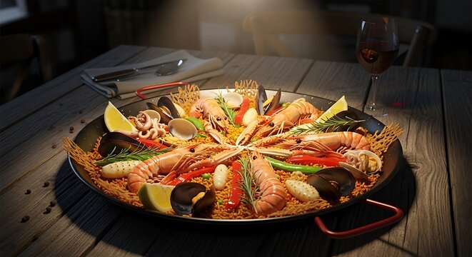 Delicious Paella Mockup Food with AI Food Background - A Culinary Delight with seafood, rice and vegetables, an enticing culinary experience