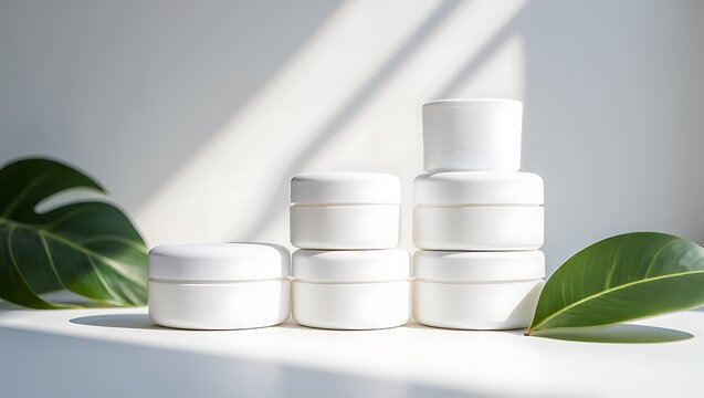 Minimalist skincare product display with natural light and fresh green leaves