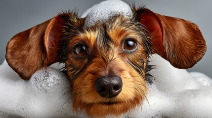 Adorable small dog with wet fur and bubbles on its head, looking curiously at the camera, showcasing a playful and cheerful atmosphere during bath time