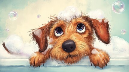 Cute dog with fluffy fur and big eyes peeking over a bathtub edge, surrounded by bubbles, creating a playful and joyful atmosphere in a colorful illustration
