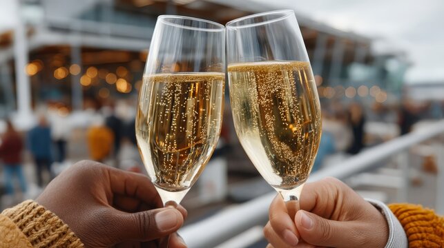 Two individuals clinking champagne glasses outdoors, celebrating a special occasion with blurred festive background, showcasing joy and togetherness in a vibrant atmosphere