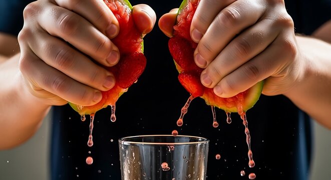 Hands squeezing fresh guava fruit for natural juice preparation process