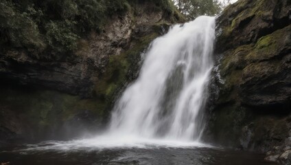 Fototapeta premium A majestic waterfall cascades down a rocky cliff face, surrounded by lush greenery