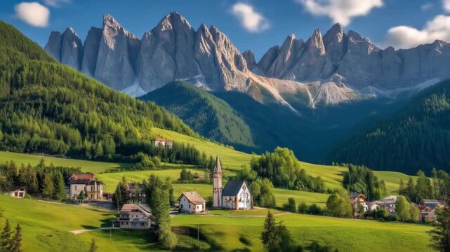 Picturesque mountain landscape with lush green hills and small village