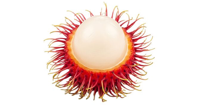 A close up shot of a halved rambutan fruit showing the white flesh and red and yellow spiky skin