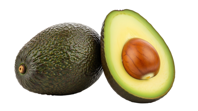 One whole and one half fresh avocado fruit with pit isolated on transparent background
