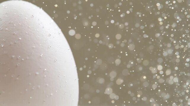 Macro close-up shot of the textured surface of a white egg covered in water droplets with bright shimmering bokeh light particles