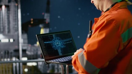 Engineer reviews artificial intelligence systems for offshore oil platform operations, managing fuel extraction through neural networks and deep learning simulation. Fuel production. Camera B.