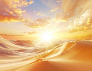 Golden Desert Landscape Under a Radiant Sunrise With Dramatic Clouds Casting Long Shadows Over Rolling Dunes