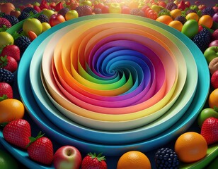Vibrant Rainbow Swirl Bowl Overflowing With Fresh Assorted Fruits And Berries In Studio Lighting With Sparkle Effects