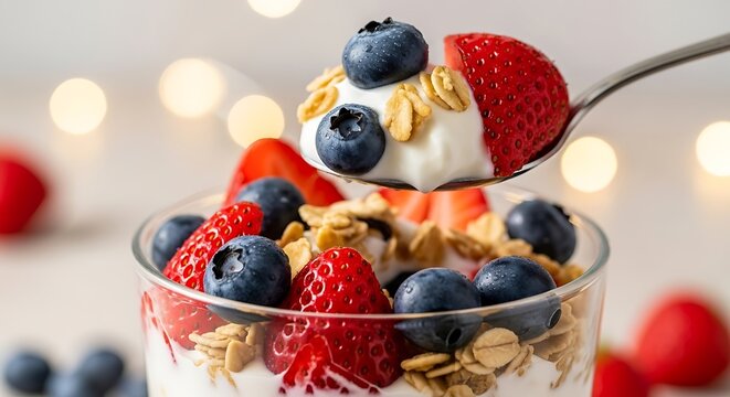 Refreshing berry parfait with yogurt and granola for healthy dessert