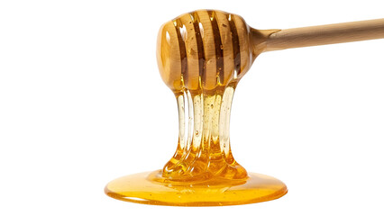 Golden honey dripping from a wooden dipper isolated on transparent background