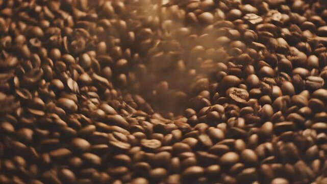 Cinematic Swirling Dark Roasted Coffee Beans Motion Background Warm Lighting