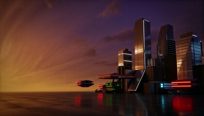 Futuristic cityscape at sunset with glowing skyscrapers and hover vehicles, vibrant colors, copy space