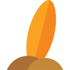 Stylized illustration of a vibrant orange surfboard standing upright on sandy mounds against a clean white background