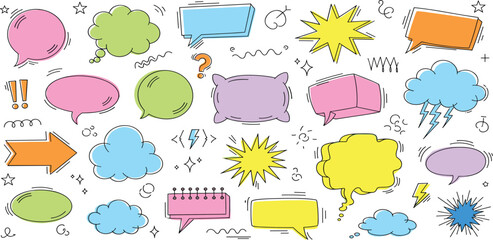 Collection of colorful speech bubbles and doodle elements for communication and design