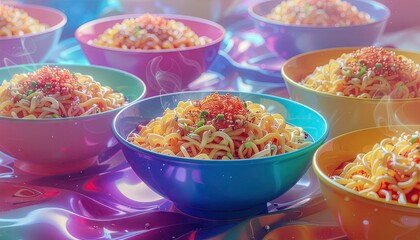 Colorful Bowls of Instant Noodles Garnished with Red and Green Flakes on a Shiny Reflective Surface