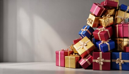 Colorful cascade of gift boxes with elegant bows on a minimalist wall, festive atmosphere, copy space