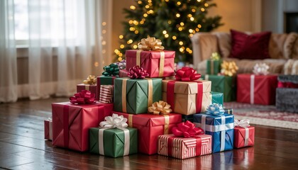 Brightly wrapped Christmas presents stacked on a polished wooden floor in a cozy living room, festive mood, copy space