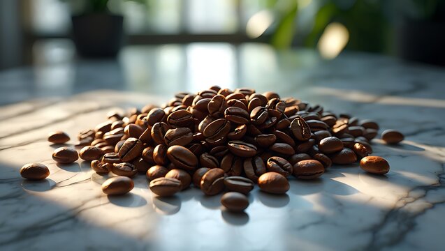 Roasted coffee beans on marble surface with sunlight creating shadows