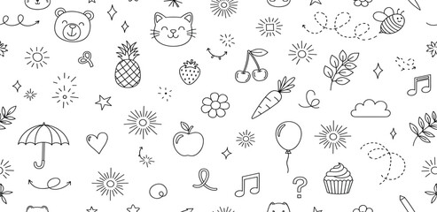 Seamless black and white pattern with a whimsical doodle collection of cute animals, fruits, and fun objects for coloring
