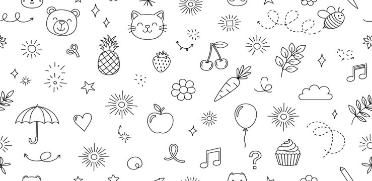 Seamless black and white pattern with a whimsical doodle collection of cute animals, fruits, and fun objects for coloring