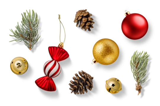 Collection of Christmas-themed elements on a transparent background, featuring a red and white candy cane, gold jingle bells, spruce branches, pine cones, red and gold bauble and candy ornament. 