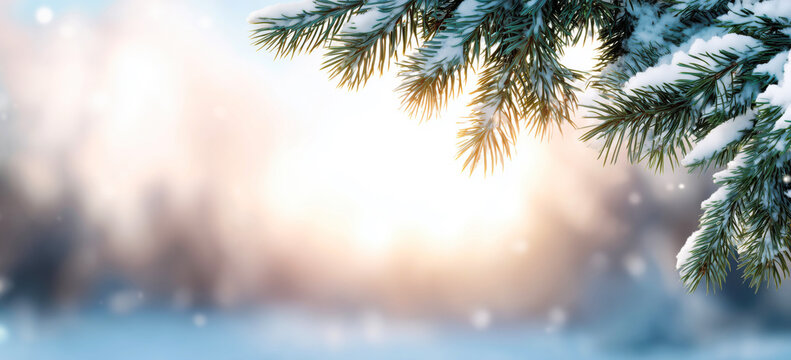 Snow-covered pine tree branches glistening under soft sunset light - Powered by Adobe