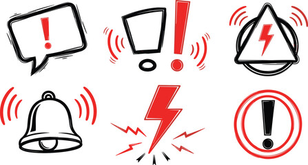A collection of hand-drawn sketch style warning and alert icons, featuring exclamation marks, lightning bolts, and alarm bells in red and black