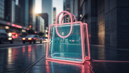 Dynamic neon shopping bag sign with vibrant reflections in an urban cityscape, modern design, copy space