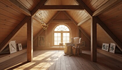 Cozy Wooden Attic Room With Large Arched Window Bathed In Golden Sunlight And Framed Artwork Displayed On Shelves