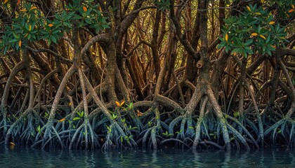 Dense Mangrove Forest With Intricate Root System And Lush Green Foliage Illuminated By Warm Sunlight At Dawn