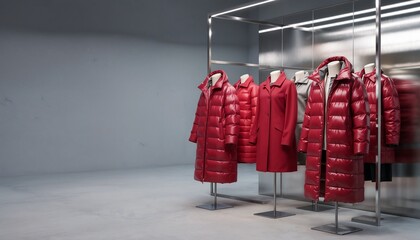 Modern retail display featuring vibrant red winter coats on mannequins in a sleek setting, minimalistic design, copy space