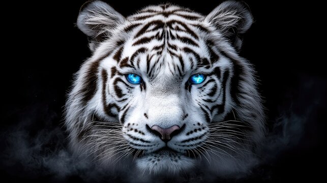 Stunning white tiger portrait with piercing blue eyes, a symbol of strength and mystic wild beauty
