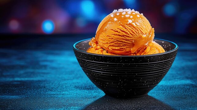 Delicious caramel ice cream scoop with sea salt in a black bowl, tempting treat