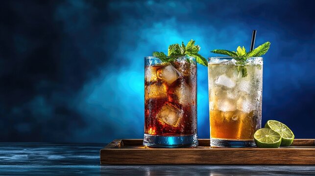Refreshing cocktails with ice and mint on wooden tray against dark blue backdrop for summer parties
