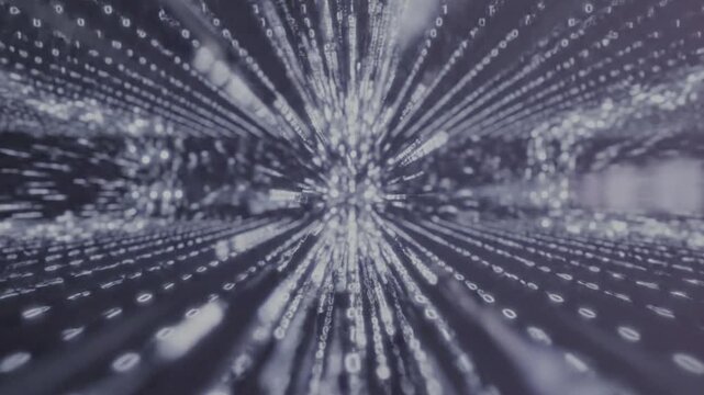 Abstract visualization of binary code and data flowing through a digital tunnel, representing modern technology and conn...