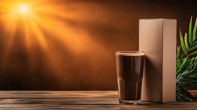 Enjoy a refreshing chocolate drink with palm fronds on wooden table under warm sunlight for a tropical vibe