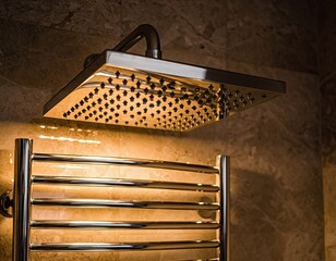 Modern Chrome Shower Head and Heated Towel Rack in a Luxurious Bathroom with Marble Tile Walls and Warm Lighting