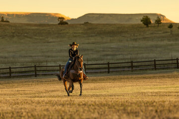Colorado cowgirl riding bay quarter horse ranch front range