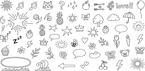 A comprehensive and diverse collection of hand-drawn doodle vector elements, perfect for creative design projects, offering a wide array of cute and whimsical outlines