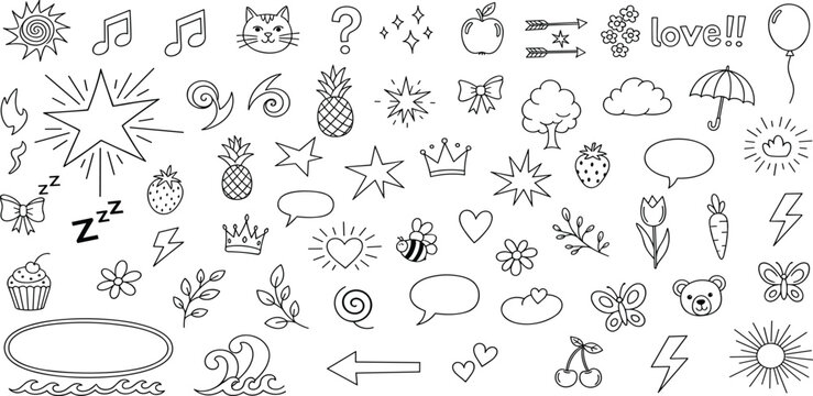 A comprehensive and diverse collection of hand-drawn doodle vector elements, perfect for creative design projects, offering a wide array of cute and whimsical outlines - Powered by Adobe