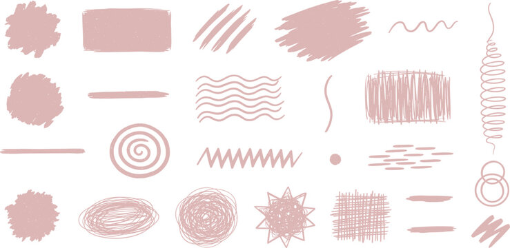 Collection of abstract hand-drawn brush strokes and scribbles in a pastel pink color palette, perfect for design elements