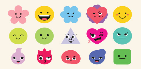 A vibrant collection of cute and quirky geometric character emoticons expressing a wide range of emotions and feelings
