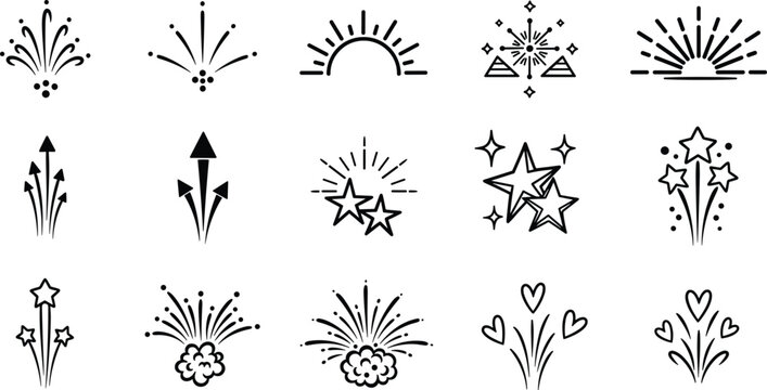 A graphic elements collection of celebration icons, including fireworks, sunbursts, stars, and sparkles in a clean line art style