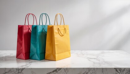 Vibrant shopping bags in red, teal, and yellow on a clean marble surface  for Cyber Monday, stylish presentation, copy space