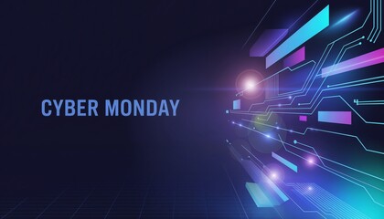 Futuristic Cyber Monday digital banner with glowing circuits and copy space