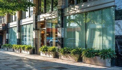 Modern building facade with glass windows  and lush greenery in warm afternoon light  in urban environment
