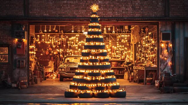 Creative tire christmas tree with festive lights in auto workshop setting