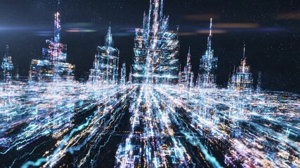 Futuristic city digital skyline with neon lights and glowing buildings night cityscape featuring abstract light streaks blue and white creating dynamic energetic atmosphere and cyberpunk style